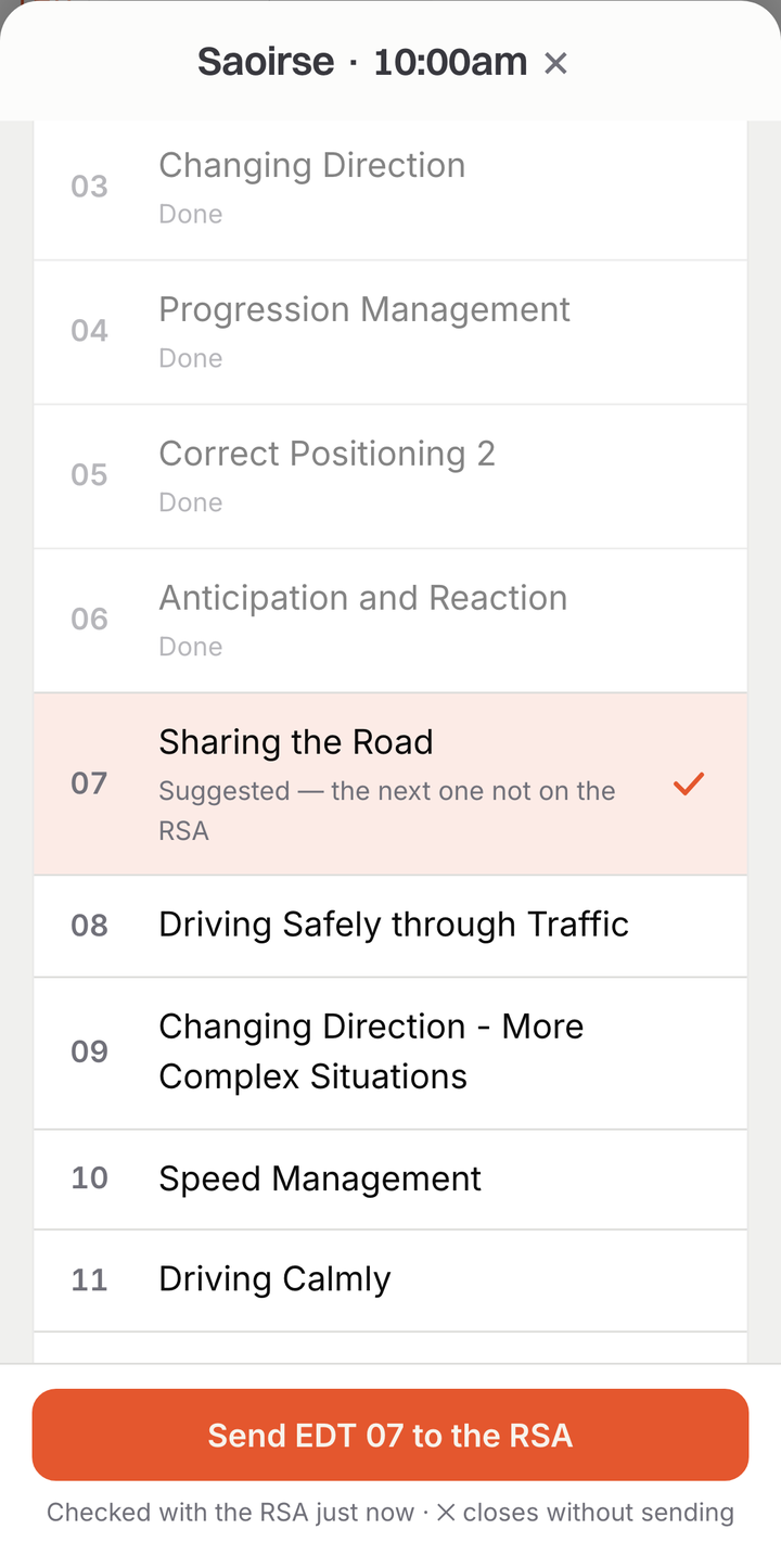 Pamio on a phone: a learner's EDT modules 01 to 06 marked Done, 07 Sharing the Road picked as the next one not on the RSA, and a button reading Send EDT 07 to the RSA.